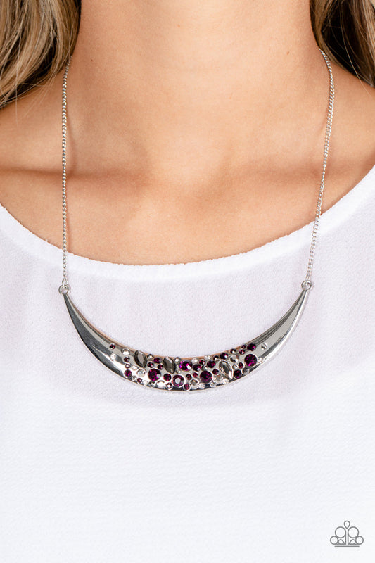 Bejeweled Baroness - Purple Necklace - Paparazzi Accessories - A stunning collection of round purple gems, smoky gems, dainty white rhinestones and marquise cut hematite shimmer across the surface of a shiny silver crescent. The bejeweled plate falls just below the collar in a dazzling finish.