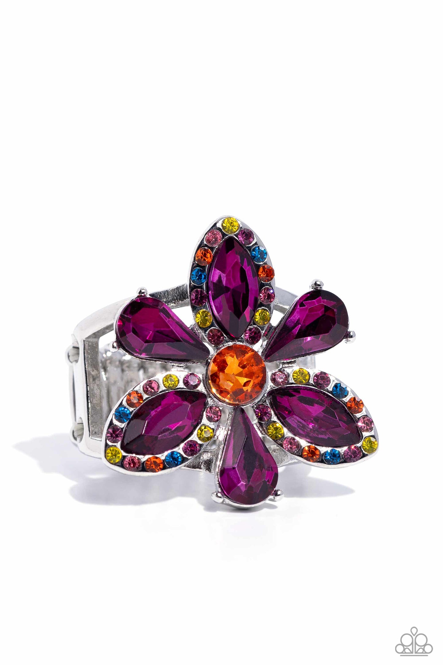 Blazing Blooms - Multi Color Ring - Paparazzi Accessories - Featured atop airy silver bands, a silver-pronged fitted flower with purple teardrop and marquise-cut petals blooms from an orange center atop the finger. Dainty multicolored rhinestones are embellished on the marquise-cut petals' frames for additional eye-catching color.