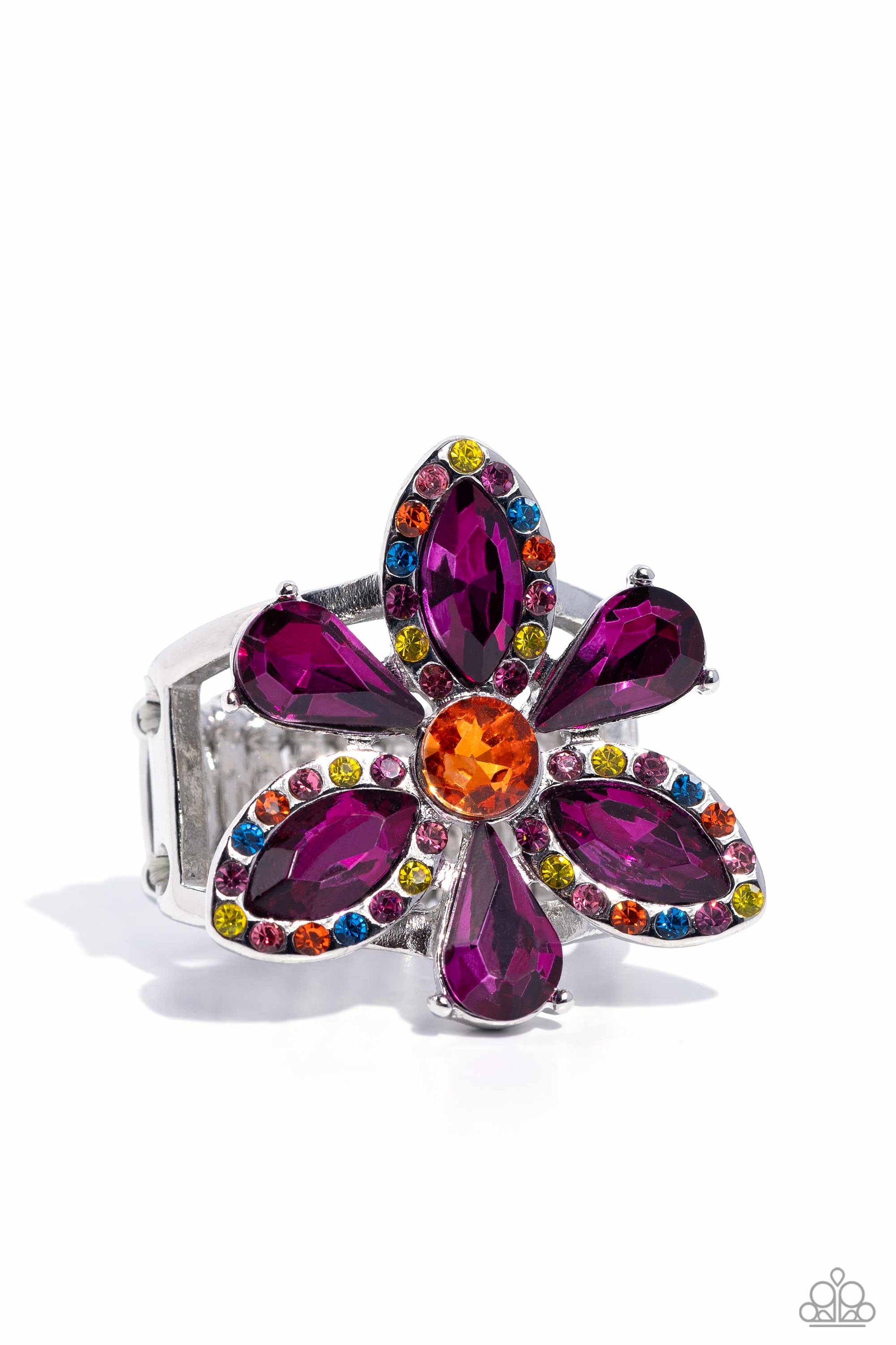 Blazing Blooms - Multi Color Ring - Paparazzi Accessories - Featured atop airy silver bands, a silver-pronged fitted flower with purple teardrop and marquise-cut petals blooms from an orange center atop the finger. Dainty multicolored rhinestones are embellished on the marquise-cut petals' frames for additional eye-catching color.