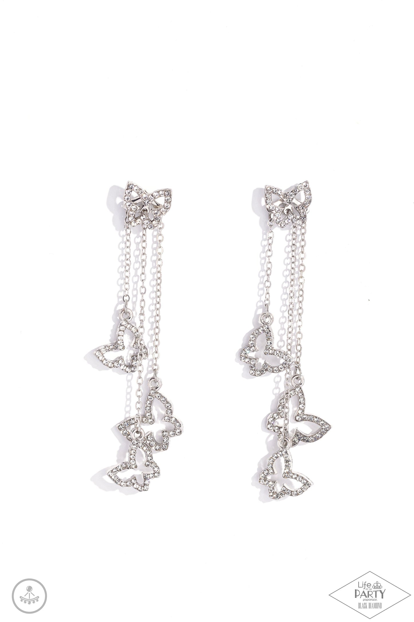 Boisterous Butterfly - White and Silver Earrings - Paparazzi Accessories - Cascading from a solitaire, rhinestone-encrusted butterfly, a trio of butterfly silhouettes in varying sizes with a similar sparkle attaches to a double-sided post as it cascades from dainty silver chains for an eye-catching flutter below the ear.