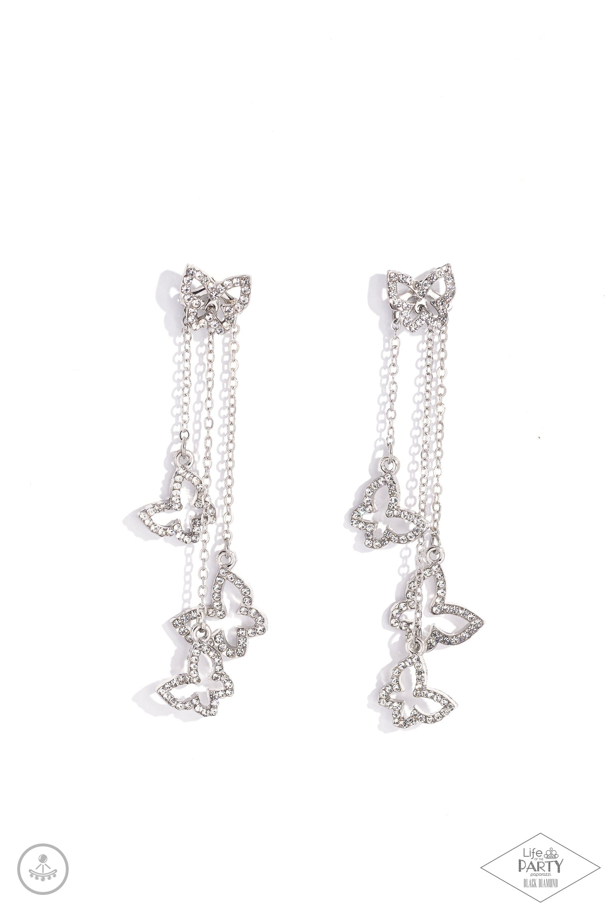 Boisterous Butterfly - White and Silver Earrings - Paparazzi Accessories - Cascading from a solitaire, rhinestone-encrusted butterfly, a trio of butterfly silhouettes in varying sizes with a similar sparkle attaches to a double-sided post as it cascades from dainty silver chains for an eye-catching flutter below the ear.