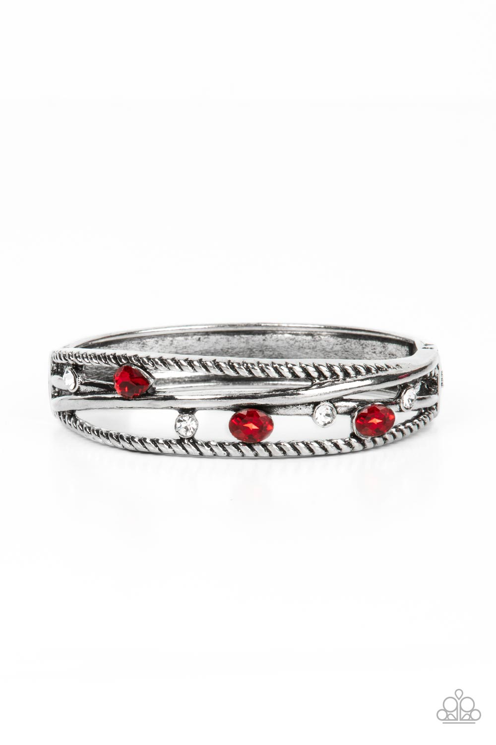 Bonus Bling - Red and Silver Bracelet - Paparazzi Accessories - Bordered in rustic silver bars, a sparkly collection of glassy white and teardrop and oval red rhinestones are sporadically sprinkled across the silvery crisscrossed layers of a bangle-like bracelet, resulting in a versatile sparkle around the wrist. Features a hinged closure.