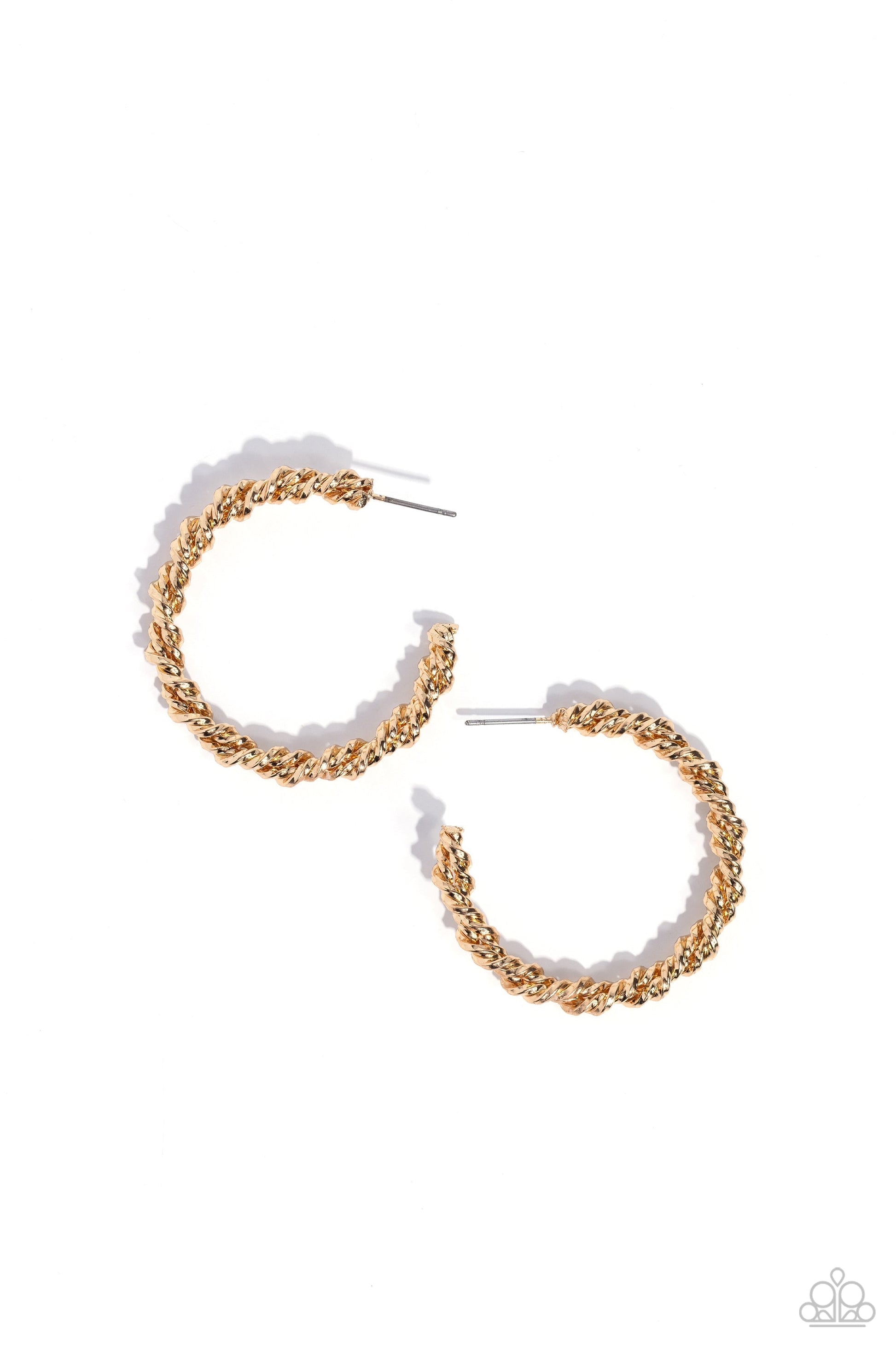 Braided Bravado - Gold Hoop Earrings - Paparazzi Accessories - Featuring a braided motif, twisted gold ribbons encircle the ear for an industrially glitzy statement. Earring attaches to a standard post fitting. Hoop measures approximately 1 1/2" in diameter. Sold as one pair of hoop earrings.