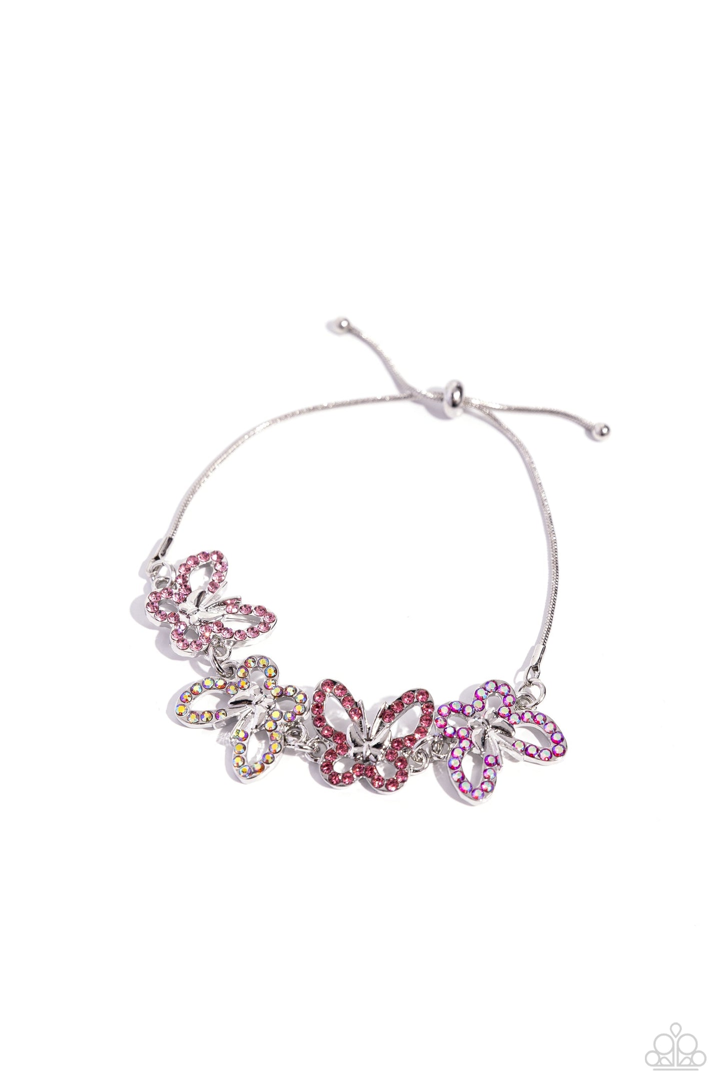 Butterfly Belonging - Pink Bracelet - Paparazzi Accessories - Attached to a silver snake chain, a whimsical collection of multicolored pink and iridescent-dotted silver butterflies flutter along the wrist.
