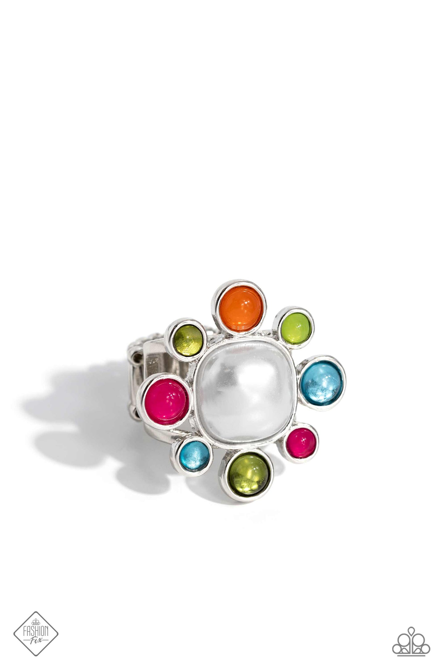 Candescent Collector - Multi Color Ring - Paparazzi Accessories - Pressed into a high-sheen silver frame, glassy and milky olive, Pink Peacock, turquoise, orange, and Kohlrabi petals encircle an abstract pearly center, creating an ethereal flower centerpiece atop the finger. Features a stretchy band for a flexible fit. Sold as one individual ring.