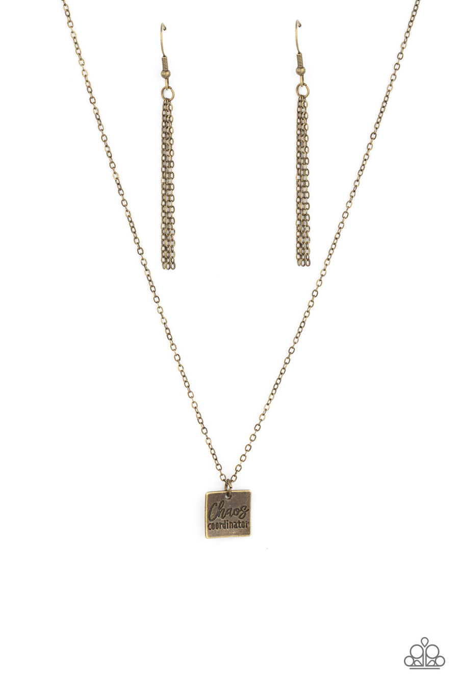 Chaos Coordinator - Brass Necklace - Paparazzi Accessories - A curved brass square engraved with the words "Chaos Coordinator" dangles from a brass chain creating a playful medallion below the collar. Features a