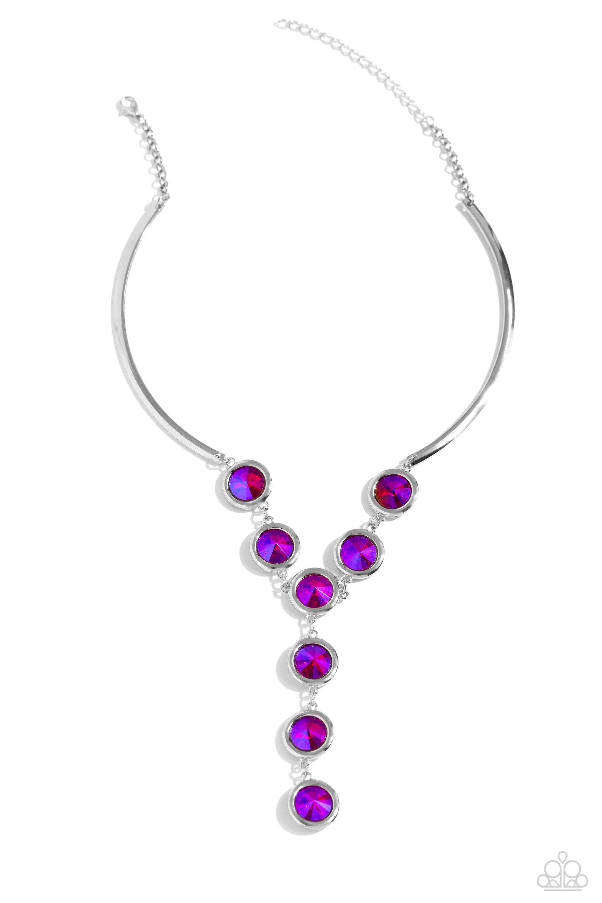 Cheers to Confidence - Pink Gem Necklace - Paparazzi Accessories - Set in round silver fittings, a collection of pink UV-splashed gems delicately link at the bottom of two curved silver rods. Attached to shiny silver chains, the glamorously glitzy display sparkles below the collar for a jaw-dropping finish.