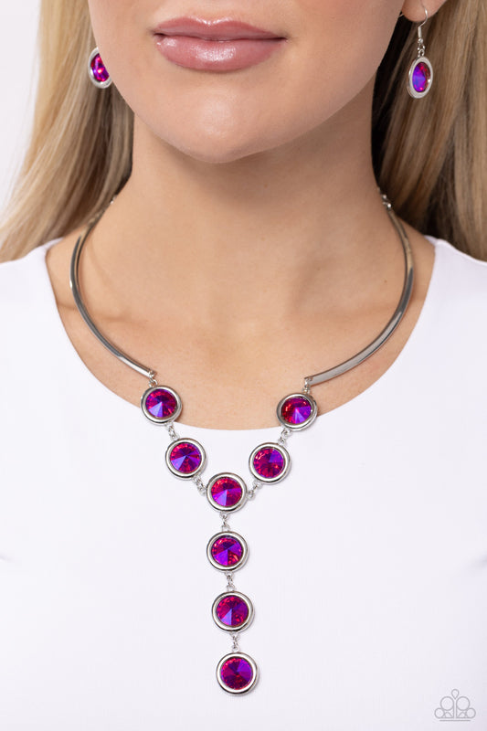 Cheers to Confidence - Pink Gem Necklace - Paparazzi Accessories - Set in round silver fittings, a collection of pink UV-splashed gems delicately link at the bottom of two curved silver rods. Attached to shiny silver chains, the glamorously glitzy display sparkles below the collar for a jaw-dropping finish.