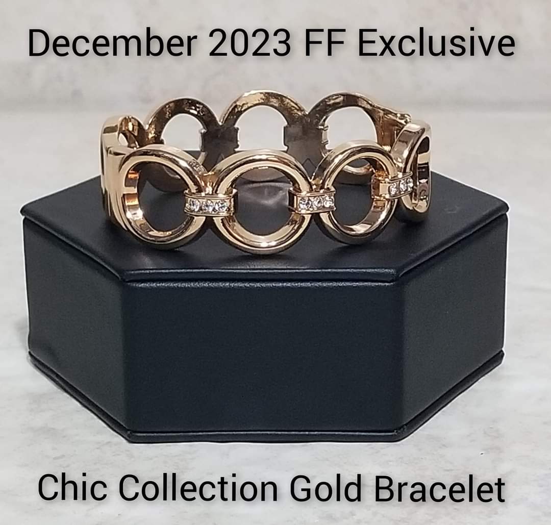 Chic Collection - Gold Bracelet - Paparazzi Accessories - Bold gold hoops, connected by rows of white rhinestone-encrusted frames, link around the wrist for a fierce look. Features a hinged closure. Sold as one individual bracelet.