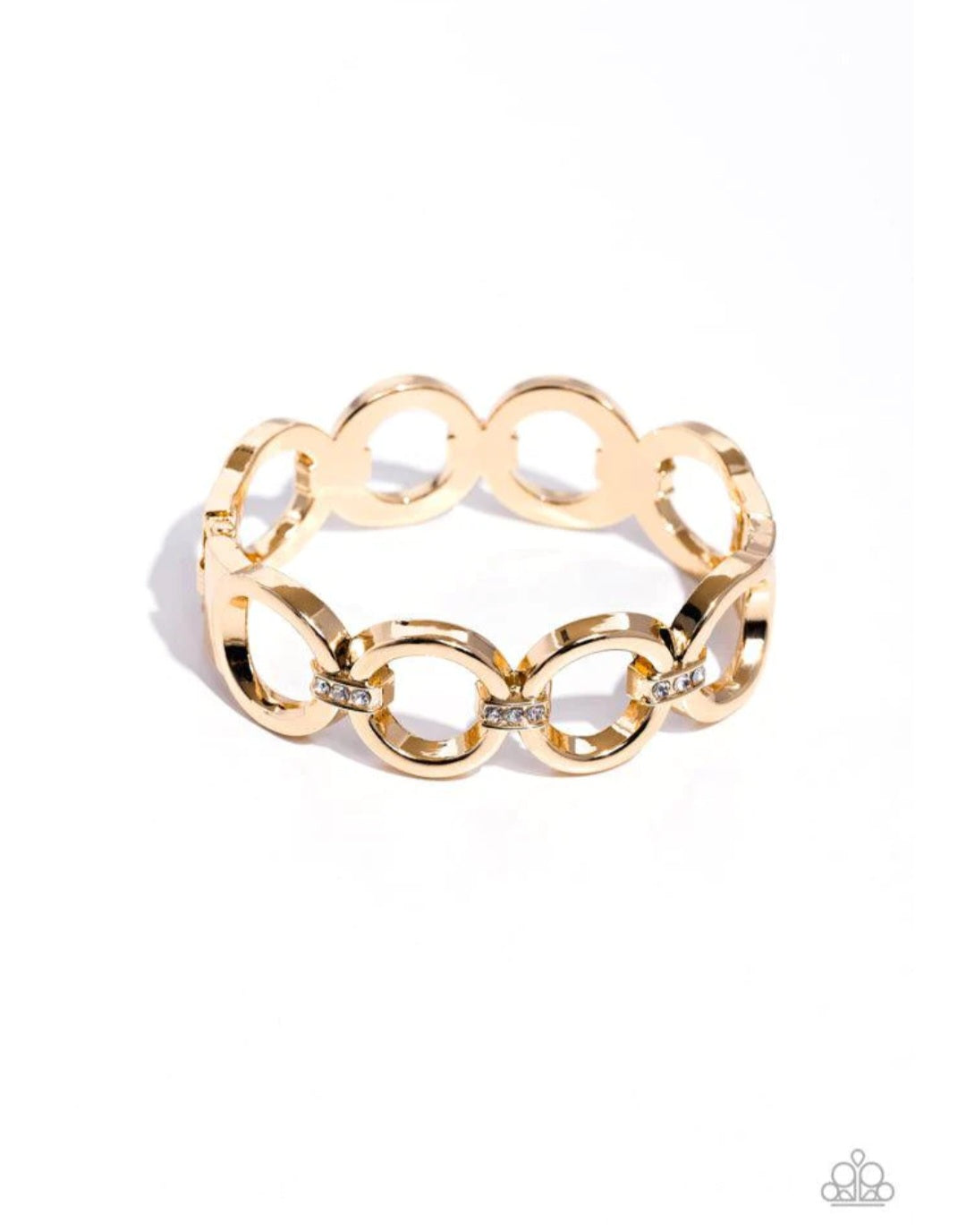 Chic Collection - Gold Bracelet - Paparazzi Accessories - Bold gold hoops, connected by rows of white rhinestone-encrusted frames, link around the wrist for a fierce look. Features a hinged closure. Sold as one individual bracelet.