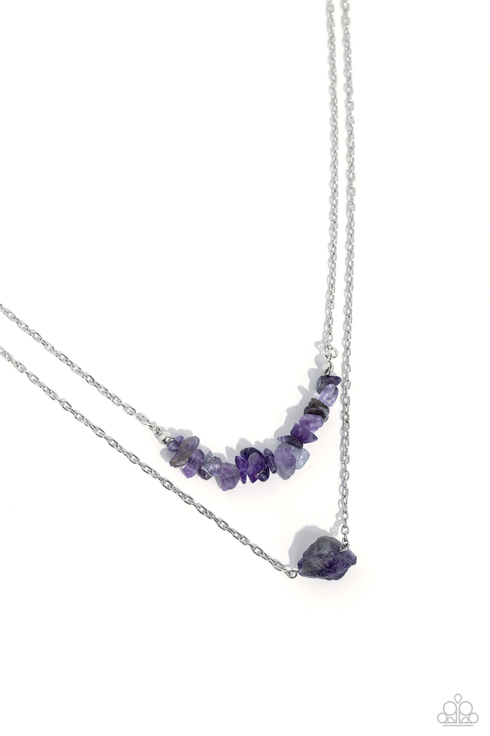 Chiseled Caliber - Purple Stone Necklace - Paparazzi Accessories - Chiseled into a natural collection, a layer of amethyst stones gives way to a large, solitaire amethyst stone pendant, creating earthy layers down the chest. Features an adjustable clasp closure.