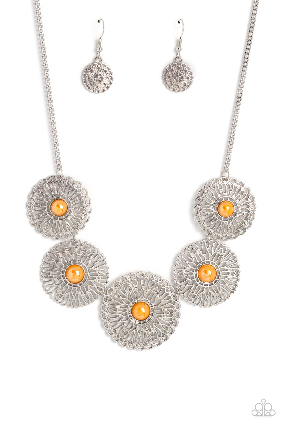 Chrysanthemum Craze - Orange and Silver Necklace - Paparazzi Accessories - Infused with a whimsical layered motif, tactile silver petals bloom from glassy orange dotted centers below the collar for an eye-catching statement.