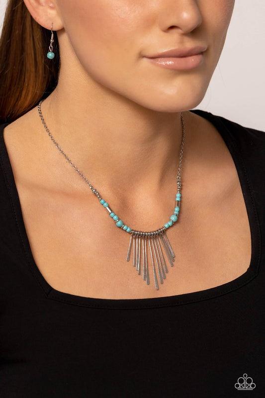 CLAWS of Nature - Blue and Silver Necklace - Paparazzi Accessories - Hammered in a dotted motif, a dainty row of silver rods shimmers along an invisible wire dotted in dainty silver and turquoise stone beads. Attached to a dainty silver chain, the tapered fringe flares out below the collar, resulting in an earthy edge. 