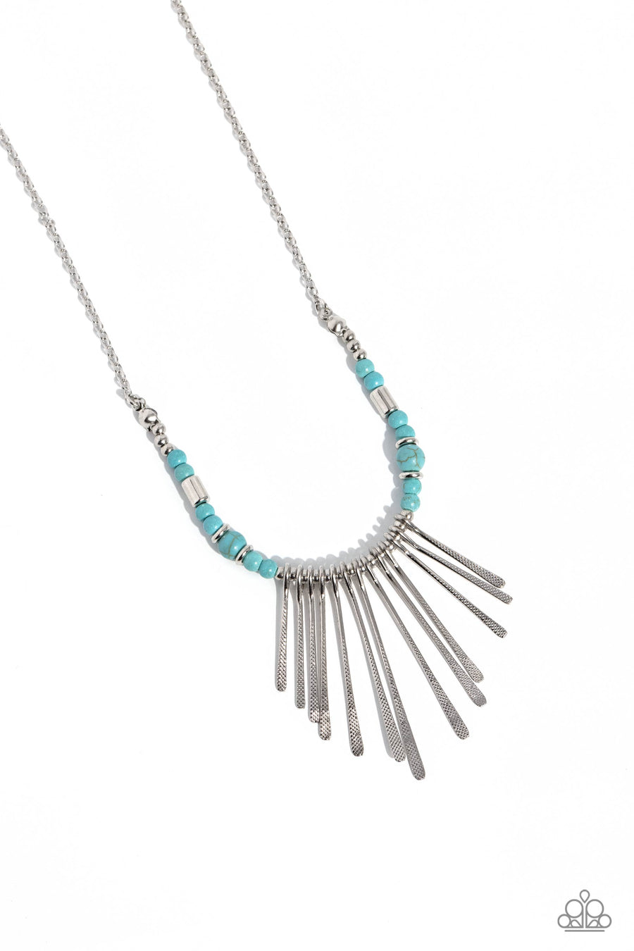 CLAWS of Nature - Blue and Silver Necklace - Paparazzi Accessories - Hammered in a dotted motif, a dainty row of silver rods shimmers along an invisible wire dotted in dainty silver and turquoise stone beads. Attached to a dainty silver chain, the tapered fringe flares out below the collar, resulting in an earthy edge.