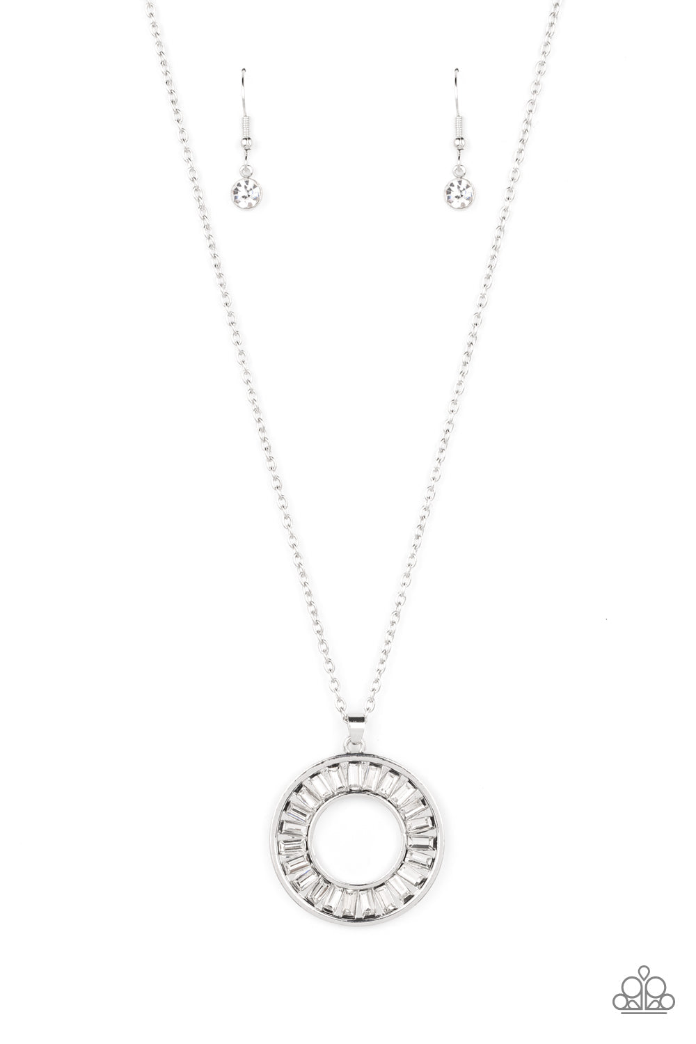 Clique Couture - White and Silver Necklace - Paparazzi Accessories - Brilliant emerald-cut rhinestones brushed in white shimmer are pressed inside a wide circular silver frame, creating a glitzy pendant at the bottom of a dainty silver chain.