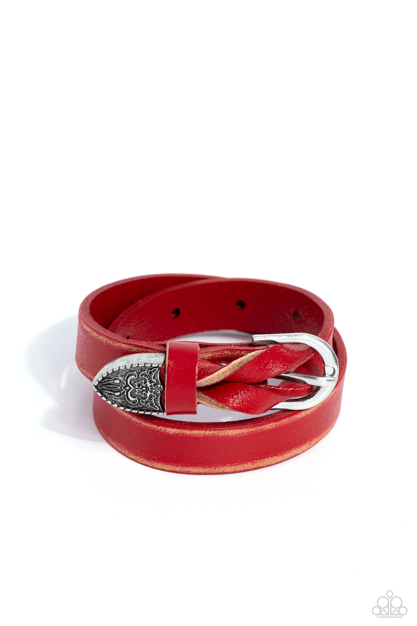 Coat of Arms Couture - Red Leather Bracelet - Paparazzi Accessories - Featuring a weathered finish, a red leather band loops around the wrist in a belt loop fashion. Featured at the end of the loop, the leather braids into a silver cap fitting, embossed with a coat of arms style filigree for an urban statement. Features an adjustable belt loop closure.