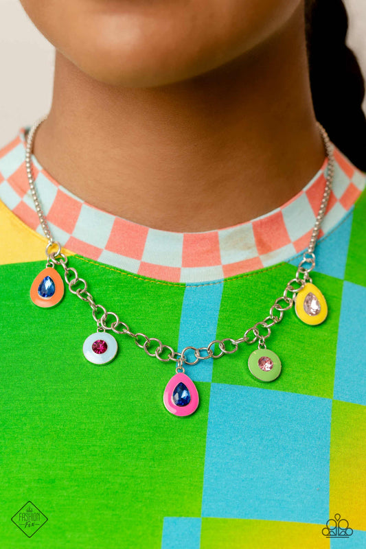 Colorblock Craze - Multi Color Necklace - Paparazzi Accessories - Shiny silver links, a collection of teardrop and round multicolored gems, bordered by Orange Tiger, Summer Song, Fuchsia Fedora, Classic Green, and Samoan Sun frames, swing below the collar. Attached to the silver links, a dainty silver box chain wraps around the neckline, further emphasizing the colorful collision of paint and gems.