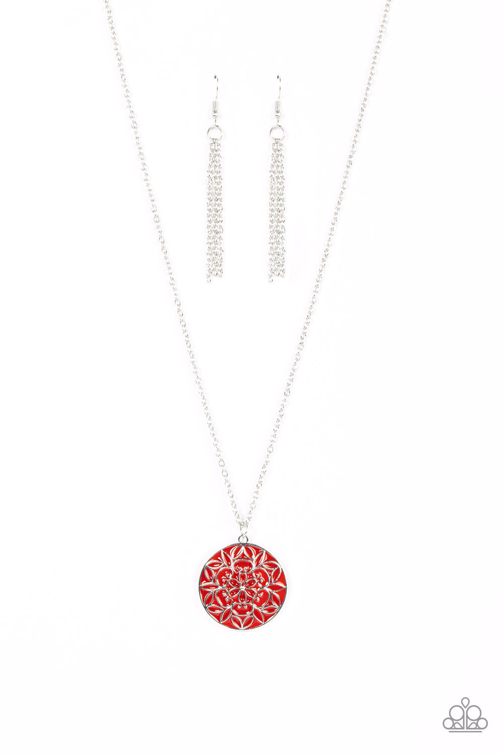 Colorfully Cottagecore - Red and Silver Necklace - Paparazzi Accessories - A mandala-like floral motif is embossed across the front of a shiny red frame, resulting in a whimsical pendant at the bottom of a dainty silver chain.