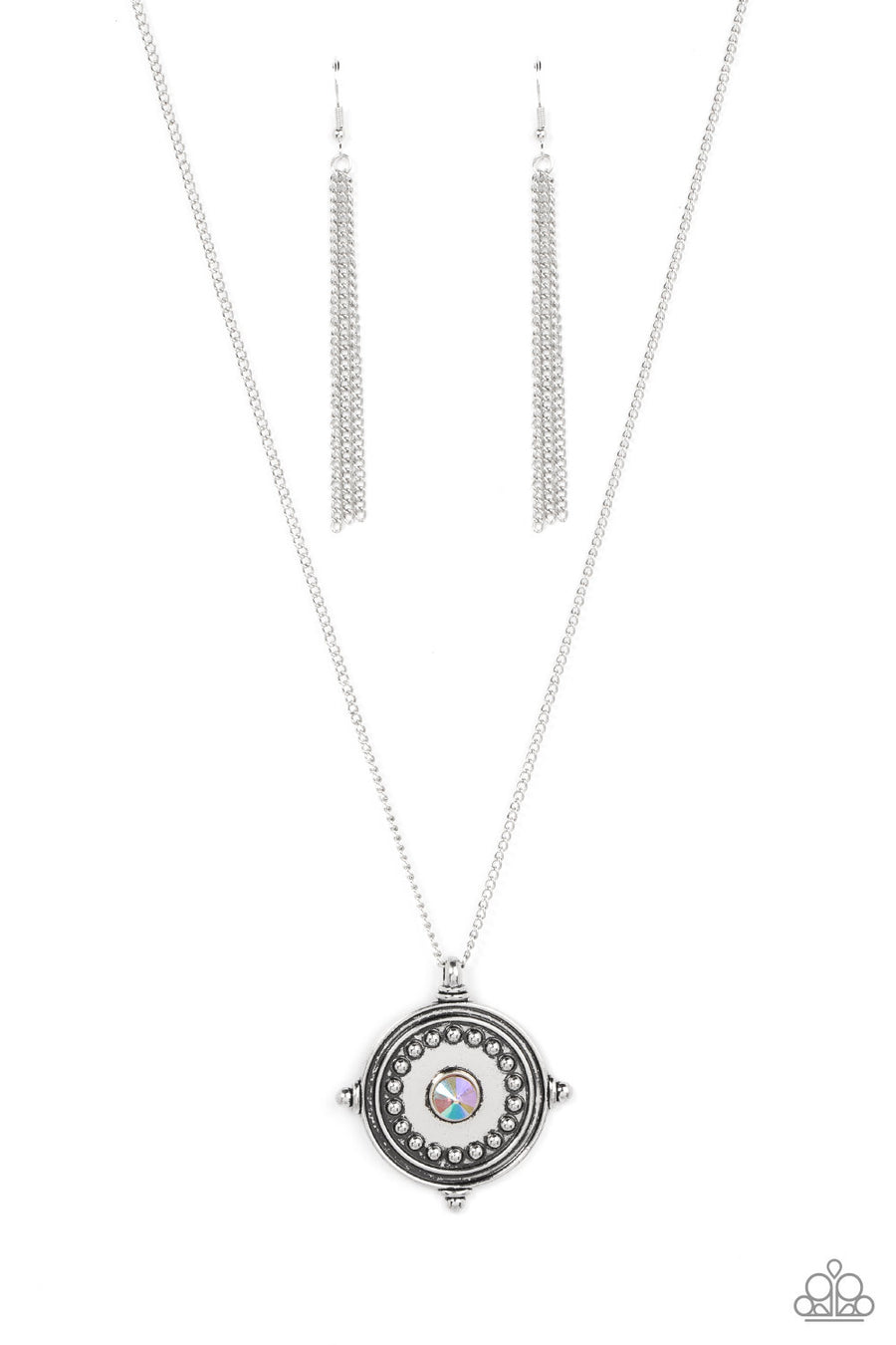 Compass Composure - Multi Necklace-Iridescent - Paparazzi Accessories - An iridescent rhinestone is pressed into the studded center of a compass inspired frame, creating a stellar pendant at the bottom of an extended silver chain.