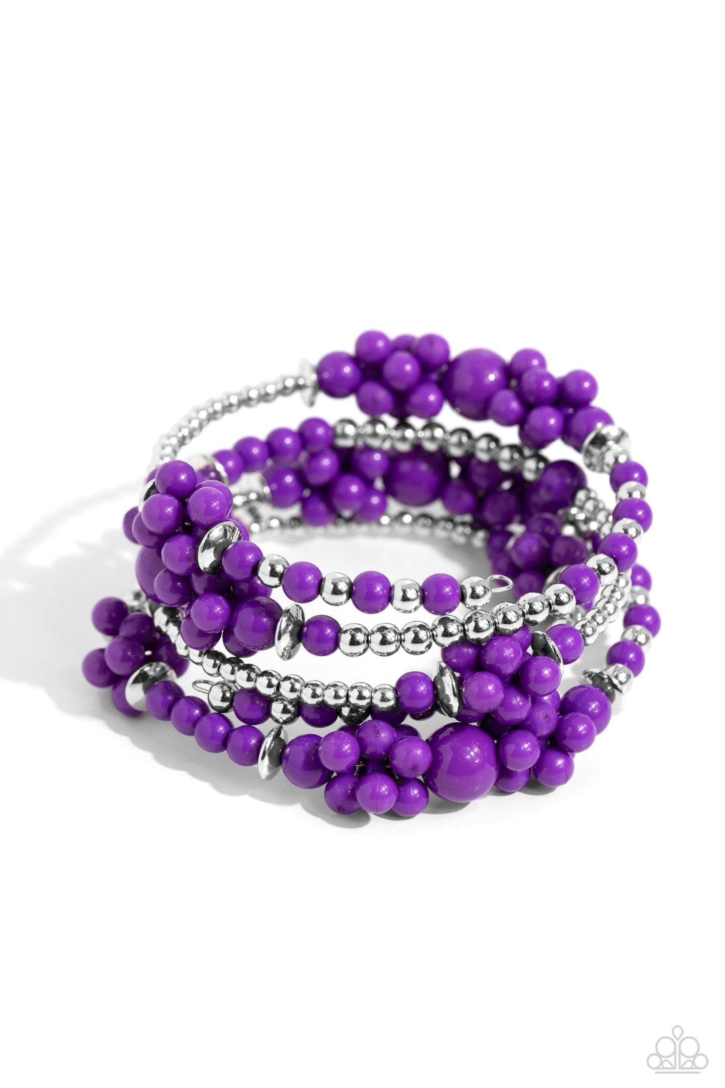 Compelling Clouds - Purple Infinity Wrap Bracelet - Paparazzi Accessories - Strands of sleek silver beads and accents mixed with plum acrylic beads in varying sizes are threaded along an infinity wrap-style bracelet. Clusters of beads are sporadically infused along the design, creating cloud-like, ethereal layers around the wrist.