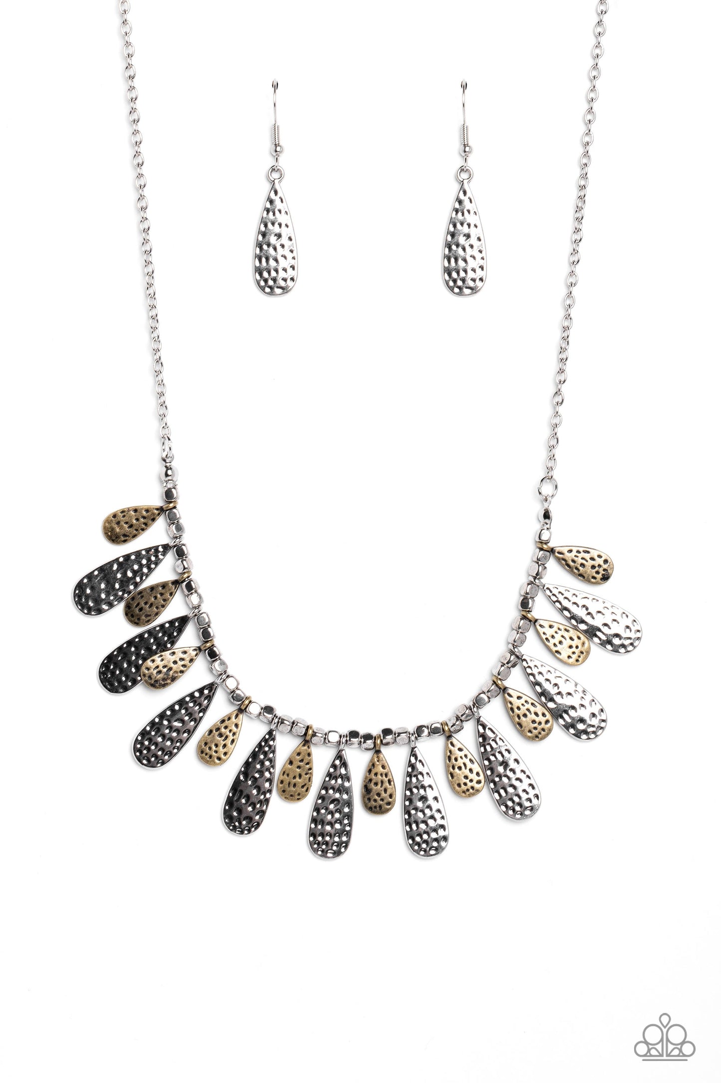 Compelling Confetti - Multi Metal Necklace - Paparazzi Accessories - Streaming from a collection of abstract silver studs, brass and silver, metallic teardrops in varying sizes curve up towards the neckline. Featuring a hammered dot motif, the boisterous collection of studs and teardrops hangs from a classic silver chain creating a magnetic statement.