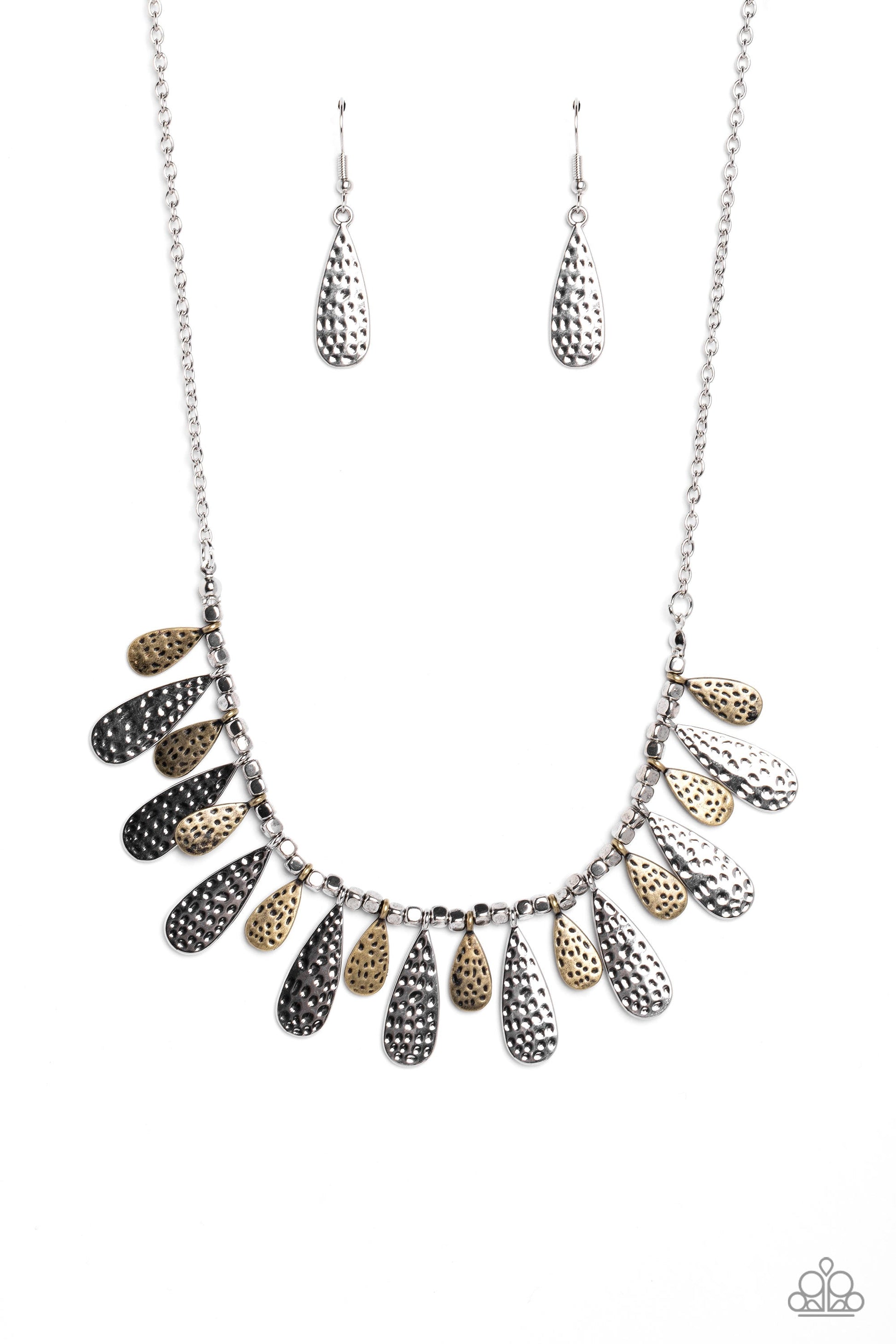 Compelling Confetti - Multi Metal Necklace - Paparazzi Accessories - Streaming from a collection of abstract silver studs, brass and silver, metallic teardrops in varying sizes curve up towards the neckline. Featuring a hammered dot motif, the boisterous collection of studs and teardrops hangs from a classic silver chain creating a magnetic statement.