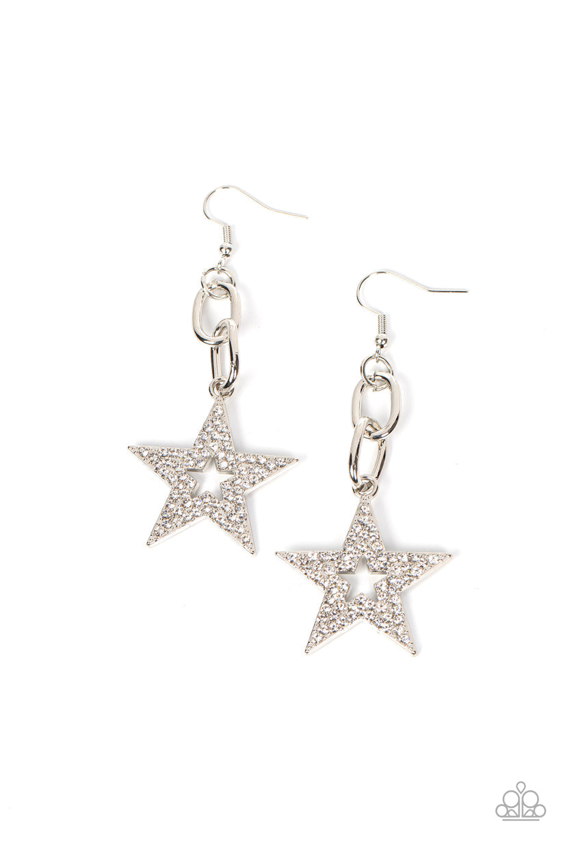 Cosmic Celebrity - Silver and White Star Earrings - Paparazzi Accessories - Glassy white rhinestones scatter across the front of a silver star at the bottom of a chunky silver chain, resulting in a stellar lure. Earring attaches to a standard fishhook fitting. Sold as one pair of earrings.