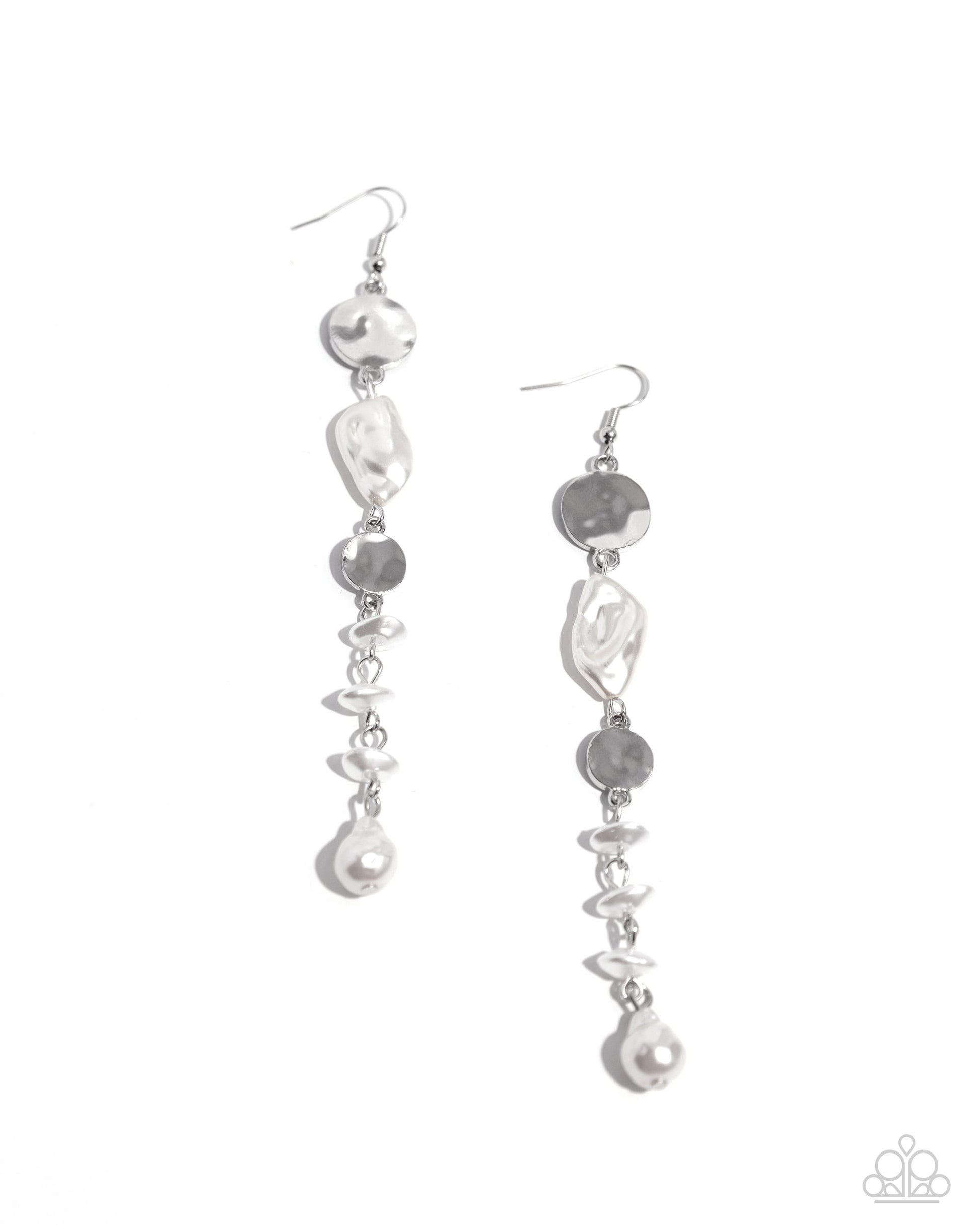 Cosmopolitan Chic - White and Silver Earrings - Paparazzi Accessories - Infused along a classic chain, hammered silver discs, pearl beads, and baroque white pearls create an extended, refined lure. Earring attaches to a standard fishhook fitting. Sold as one pair of earrings.