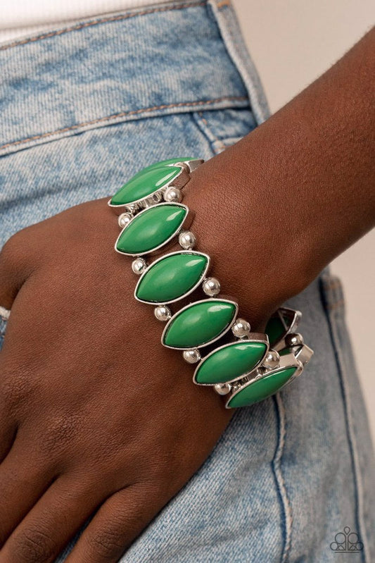 Cry Me a RIVERA - Green Bracelet - Paparazzi Accessories - Encased in sleek silver frames, oversized Leprechaun beaded frames alternate with pairs of classic silver beads along stretchy bands around the wrist for a refreshing pop of color. Sold as one individual bracelet.