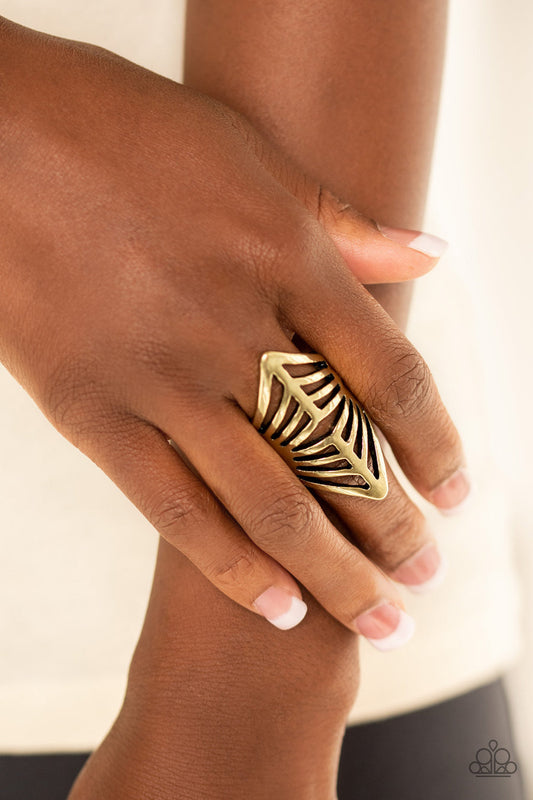 Deco Defender - Brass Ring - Paparazzi Accessories - Glistening brass bars arc across the finger, coalescing into a bold centerpiece. Features a stretchy band for a flexible fit. Sold as one individual ring.