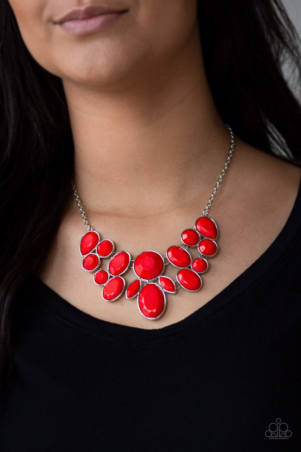 Demi-Diva Red and Silver Necklace - Paparazzi Accessories - Bold red and silver fashion necklace. Featuring regal teardrop, oval, round and marquise style cuts, glittery red gems coalesce into a glittery pendant below the collar, creating a knockout pendant.
