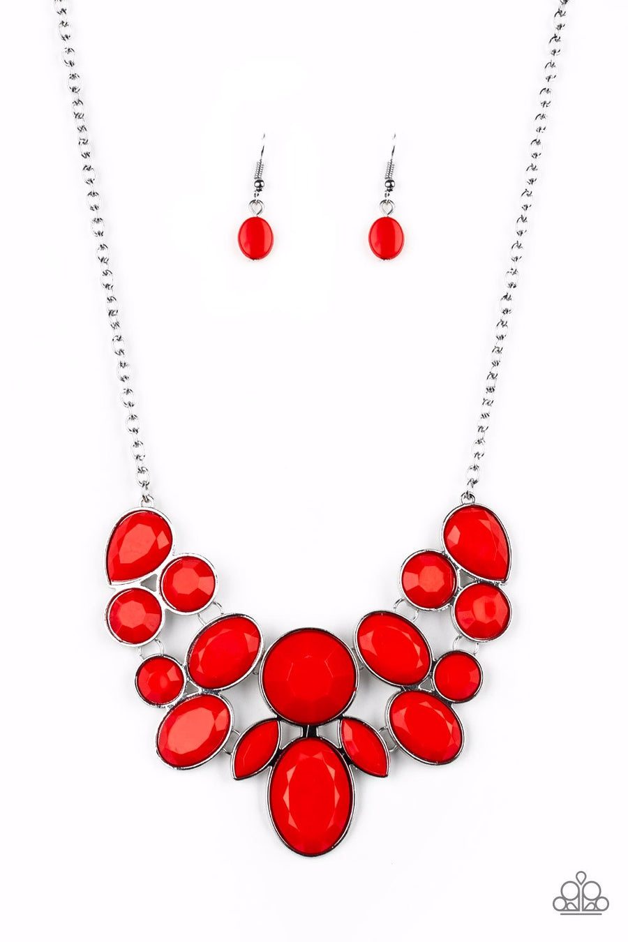 Demi-Diva Red and Silver Necklace - Paparazzi Accessories - Bold red and silver fashion necklace. Featuring regal teardrop, oval, round and marquise style cuts, glittery red gems coalesce into a glittery pendant below the collar, creating a knockout pendant.