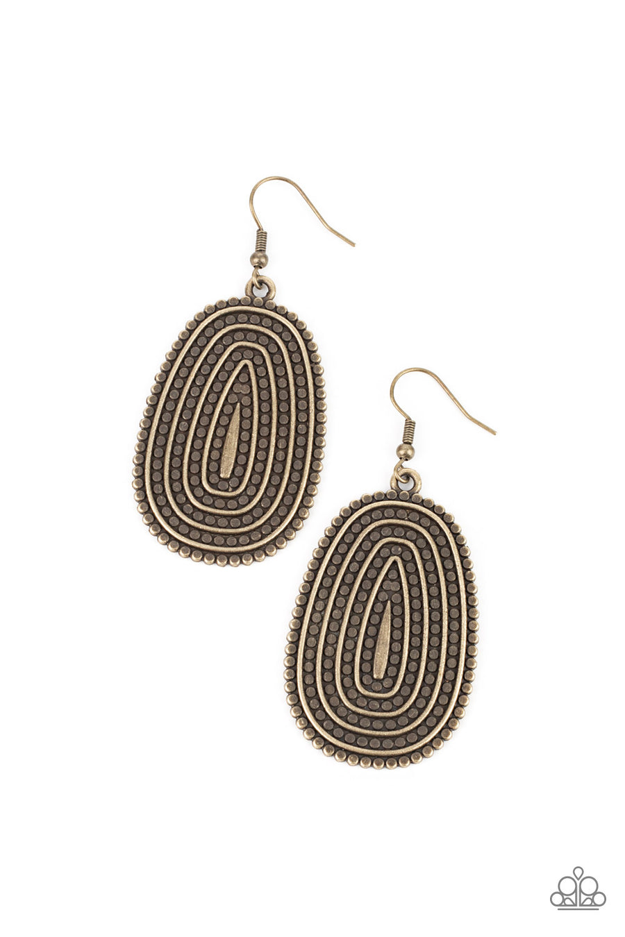 Desert Climate - Brass Earrings - Paparazzi Accessories - Rows of antiqued brass dotted texture radiate outward from an embossed center. The concentric lines create a rippling effect across the frame resulting in a rustic finish.