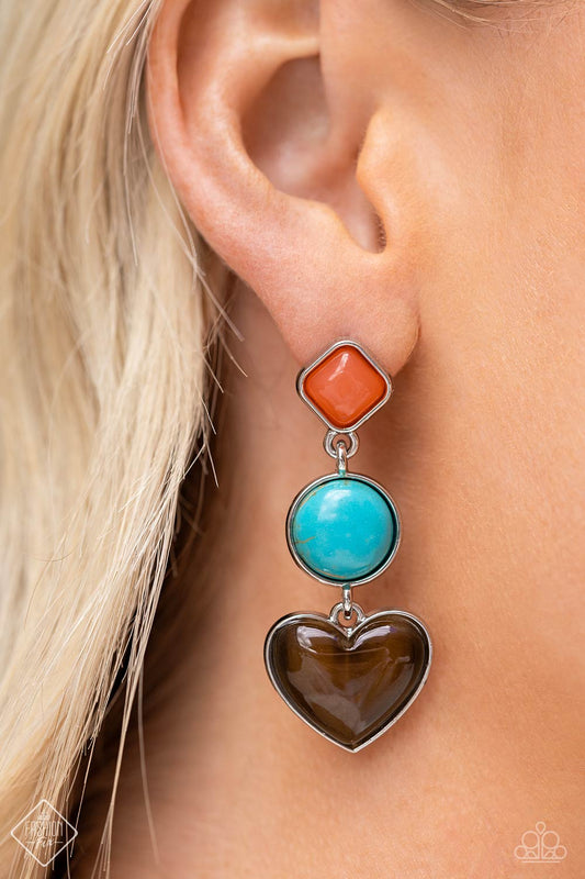 Desertscape Debut - Brown and Turquoise Earrings - Paparazzi Accessories - Desertscape Debut - Brown and Turquoise Earrings - Featuring heart, oval, and square style cuts, three earthy frames in glassy Burnt Sienna, turquoise, and brown cat's eye hues are delicately encased in silver frames, as they link down the ear into a desert-inspired lure. Earring attaches to a standard post fitting. Sold as one pair of post earrings.