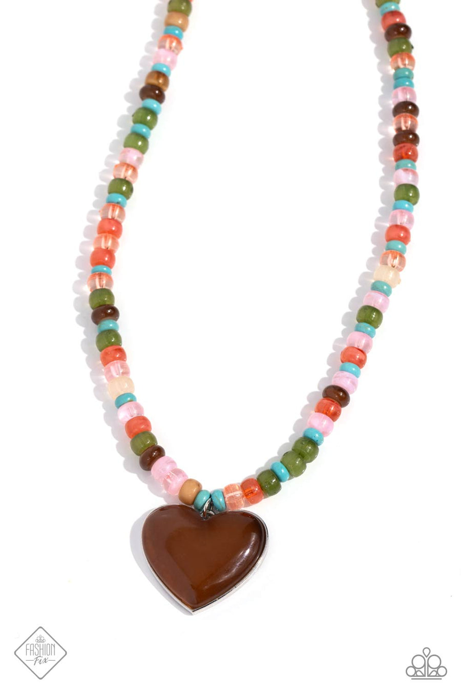 Desertscape Delight - Brown Necklace - Paparazzi Accessories - Stretched across an invisible wire, multicolored beads, featuring various opacities and sheens, coalesce around the collar. An oversized brown cat's eye stone in a silver heart frame swings from the bottom of the multicolored display, creating an earthily endearing pendant.