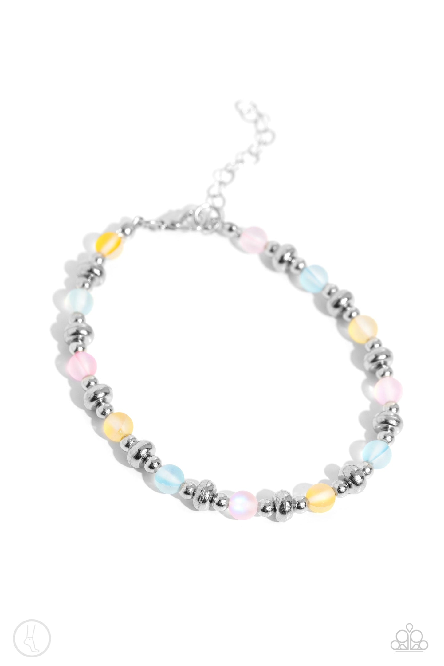 DEW or Die - Multi Color Ankle Bracelet - Paparazzi Accessories - Infused with dainty silver accents, a collection of blue, yellow, and pink reflective beads are threaded along an invisible band around the ankle for a seasonal finish. Sold as one individual anklet.