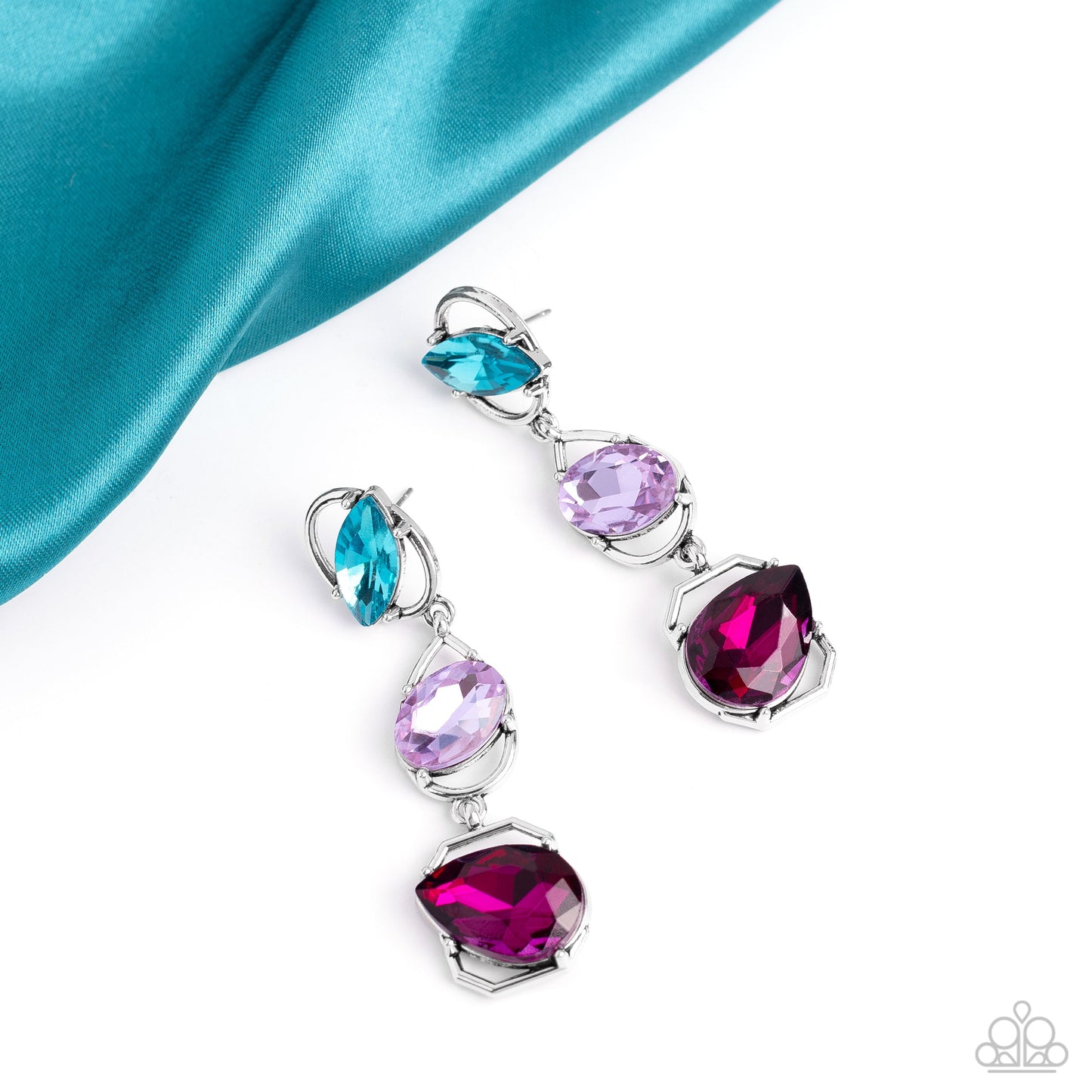 Dimensional Dance - Multi Color Earrings - Paparazzi Accessories - Linking together to create a geometric lure, a sleek silver oval, teardrop, and emerald-cut frame cascade down the ear. Slanted sideways in pronged settings across each frame, a fuchsia teardrop, purple oval-cut, and aquamarine marquise-cut gem create a gorgeous pop of color against the thin edgy frames. Earring attaches to a standard post fitting. Sold as one pair of post earrings.