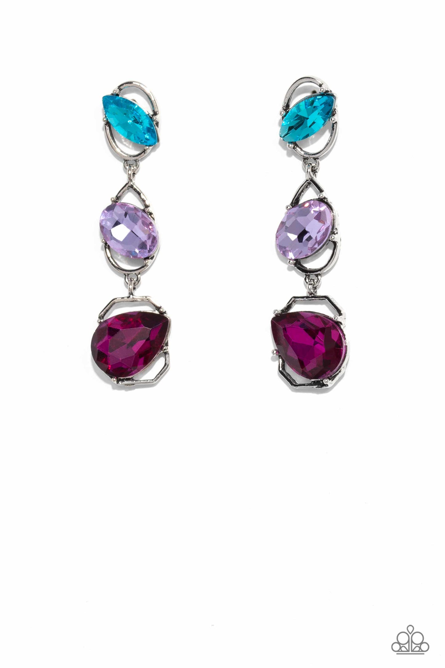 Dimensional Dance - Multi Color Earrings - Paparazzi Accessories - Linking together to create a geometric lure, a sleek silver oval, teardrop, and emerald-cut frame cascade down the ear. Slanted sideways in pronged settings across each frame, a fuchsia teardrop, purple oval-cut, and aquamarine marquise-cut gem create a gorgeous pop of color against the thin edgy frames. Earring attaches to a standard post fitting. Sold as one pair of post earrings.