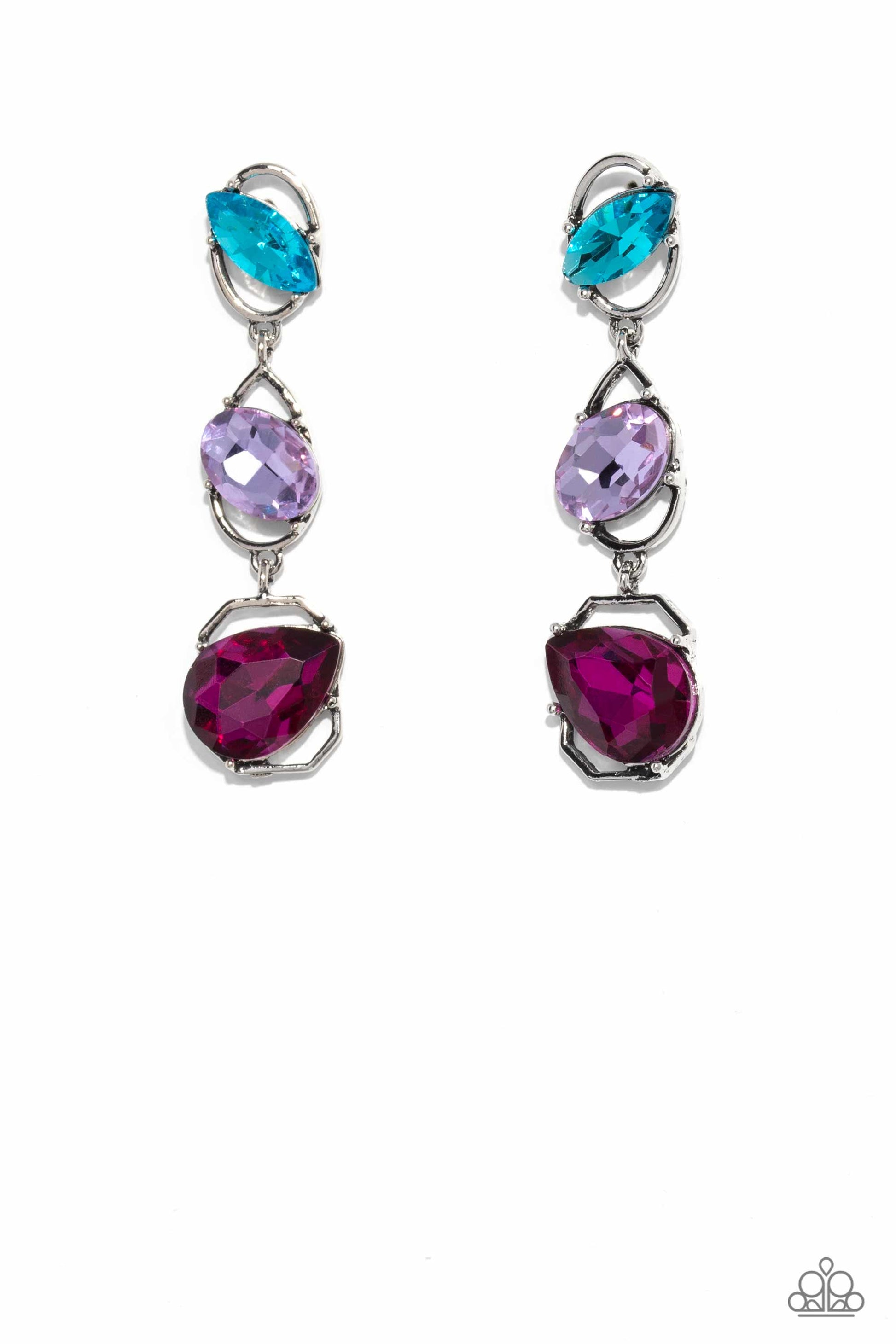 Dimensional Dance - Multi Color Earrings - Paparazzi Accessories - Linking together to create a geometric lure, a sleek silver oval, teardrop, and emerald-cut frame cascade down the ear. Slanted sideways in pronged settings across each frame, a fuchsia teardrop, purple oval-cut, and aquamarine marquise-cut gem create a gorgeous pop of color against the thin edgy frames. Earring attaches to a standard post fitting. Sold as one pair of post earrings.