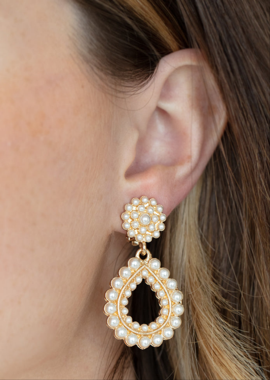 Discerning Droplets - Gold Pearl - Clip On Earrings - Paparazzi Accessories Bejeweled Accessories By Kristie