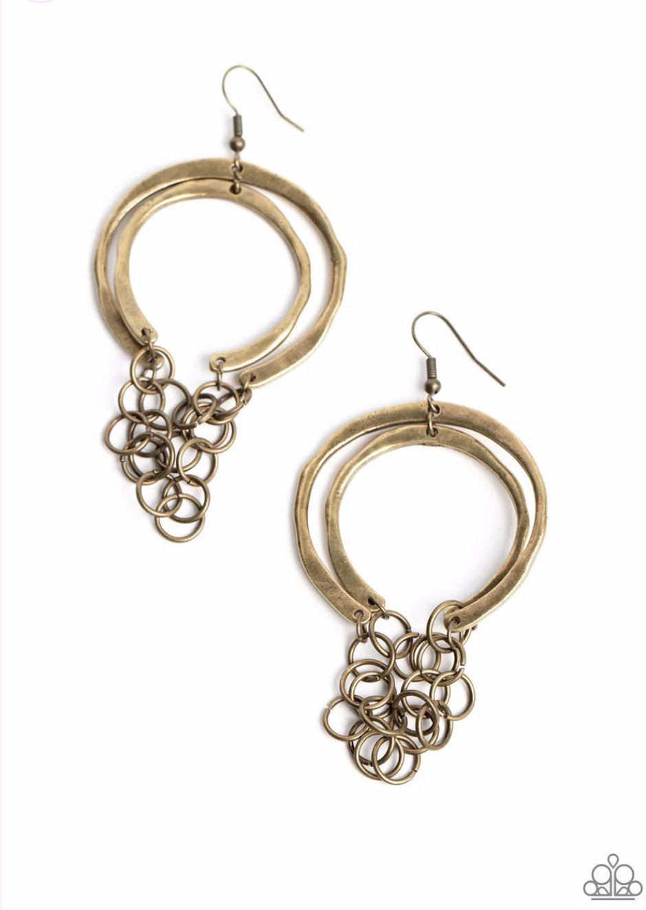 Don't Go CHAINg-ing - Brass Earrings - Paparazzi Accessories - Two hammered, oblong, brass hoops in varying sizes layer on top of one another for some whimsical movement. Cutting each hoop into half-circle frames, gritty brass hoops interlock and layer together to form a chained collection that boldly drapes down the ear for an industrial statement. Features a fishhook setting. Sold as one pair of earrings.