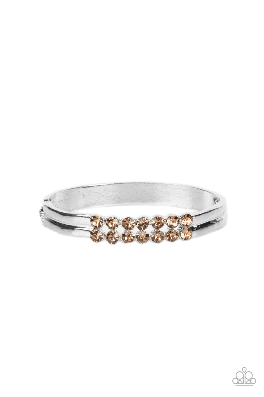Doubled Down Dazzle - Brown and Silver Bracelet - Paparazzi Accessories - Two dramatic rows of golden topaz rhinestones stack atop the wrist, creating an elegantly layered cuff-like bangle. Features a hinged closure. Sold as one individual bracelet.