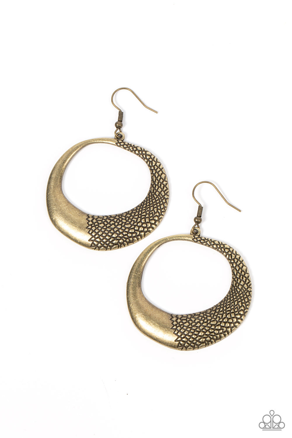 Downtown- Jungle Brass Earrings - Paparazzi Accessories - One side of an asymmetrical brass hoop is embossed in rugged pebble like texture, culminating in a wildly abstract frame.