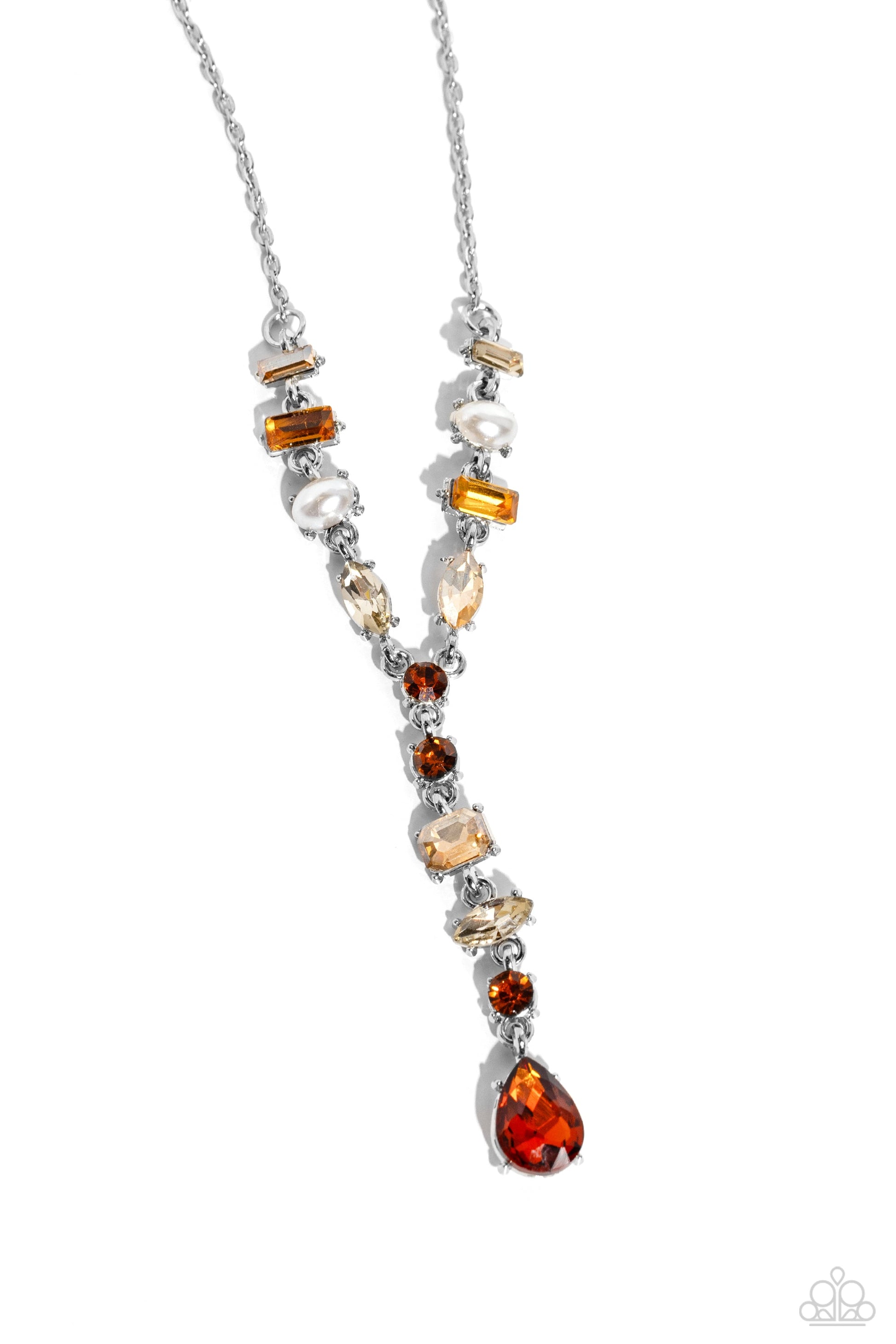 Dreamy Dowry - Topaz Brown Necklace - Paparazzi Accessories - Mismatched polished white pearls and various glassy topaz, light colored topaz, and champagne gems dance along a shimmery dainty silver chain. Matching gems trickle along a single silver chain with an exaggerated topaz gem teardrop at the bottom of the design, creating an extended pendant below the collar.