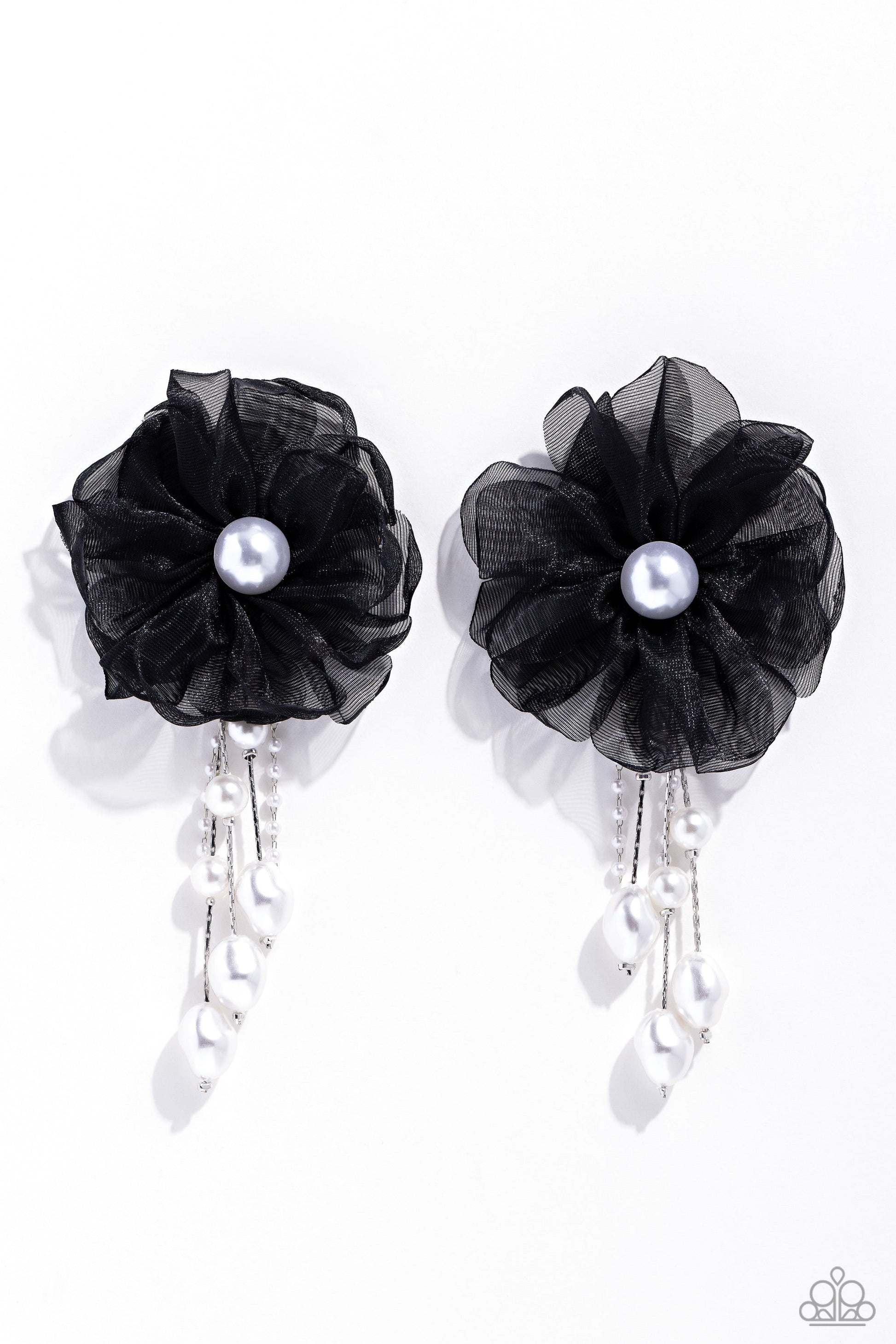 Dripping In Decadence - Black and White Pearl Earrings - Paparazzi Accessories - Folds of black netting gather around a glossy white pearl center, creating a spunky blossom. Cascading from the black netted petals, various white pearls in glossy, baroque, and dainty settings are infused along silver cobra chains for a refined finish. Earring attaches to a standard post fitting. Sold as one pair of post earrings.