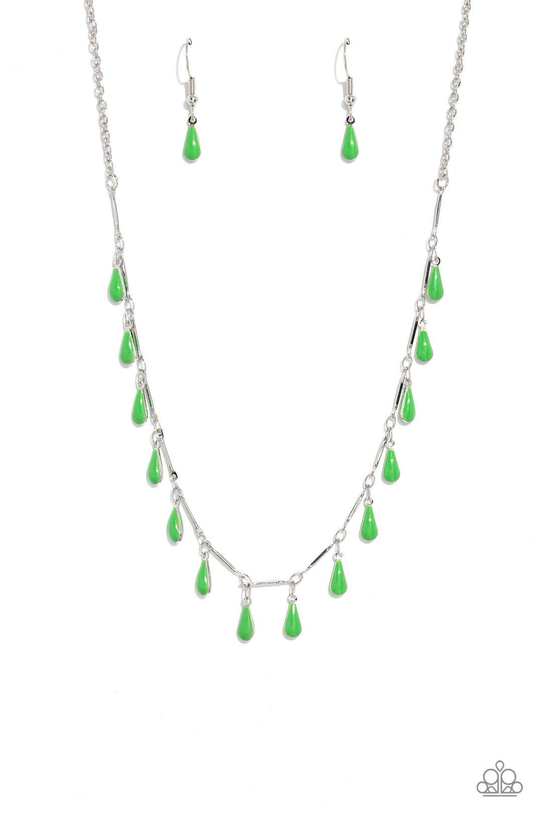 Drop-Dead Dance - Green and Silver Necklace - Paparazzi Accessories - Infused along a dainty silver chain, thin silver bars and dainty, elongated green teardrops drip down the neckline for a fashionable, subtle pop of color.
