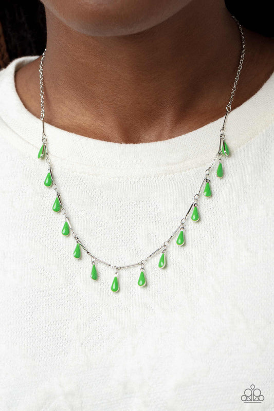 Drop-Dead Dance - Green and Silver Necklace - Paparazzi Accessories - Infused along a dainty silver chain, thin silver bars and dainty, elongated green teardrops drip down the neckline for a fashionable, subtle pop of color.