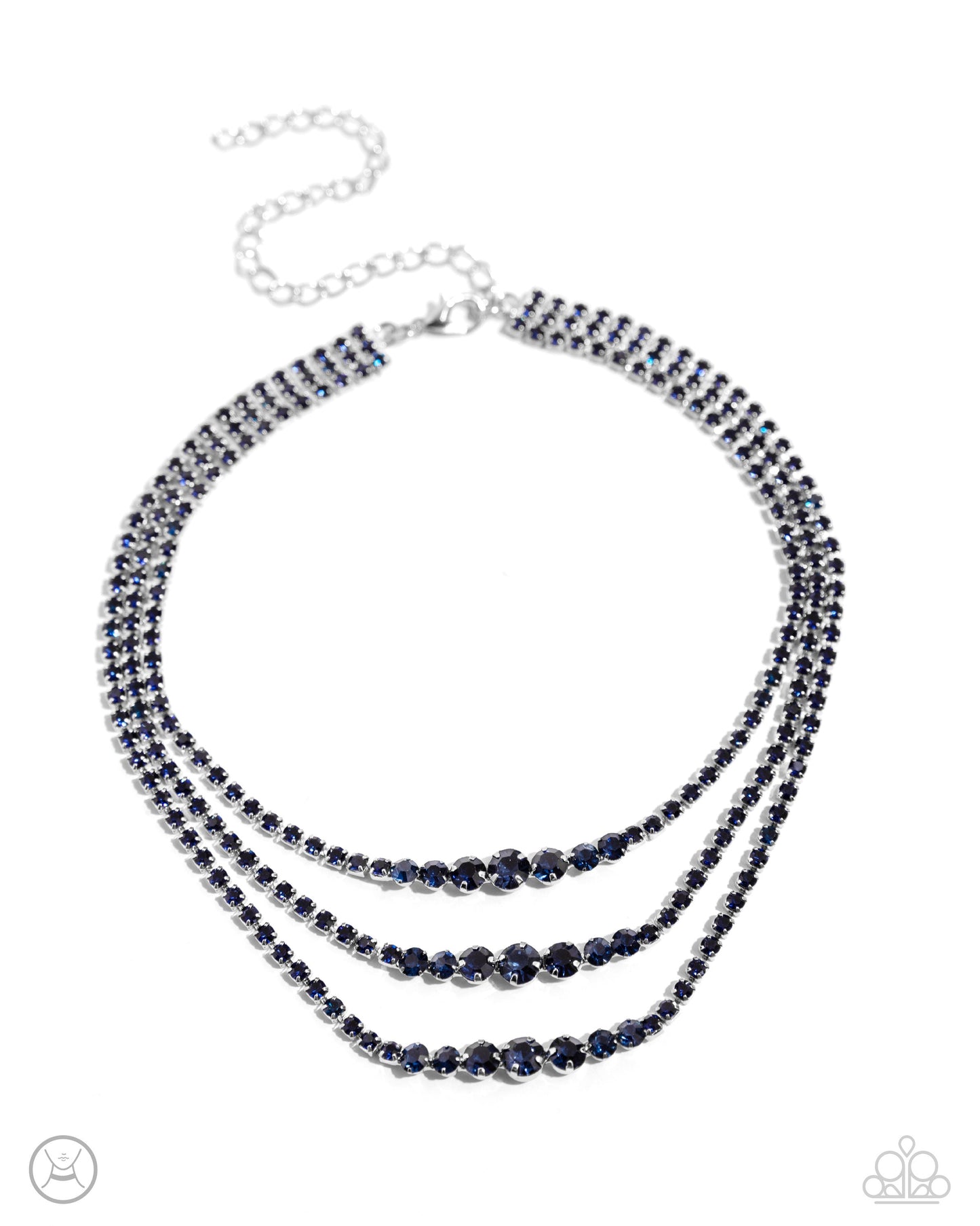 Dynamite Debut - Blue Gem Necklace - Paparazzi Accessories - Set in pronged square silver fittings, blue rhinestones gradually increase to larger blue gems in pronged fittings as they cascade down the chest in a trio of layers for a dynamite display.