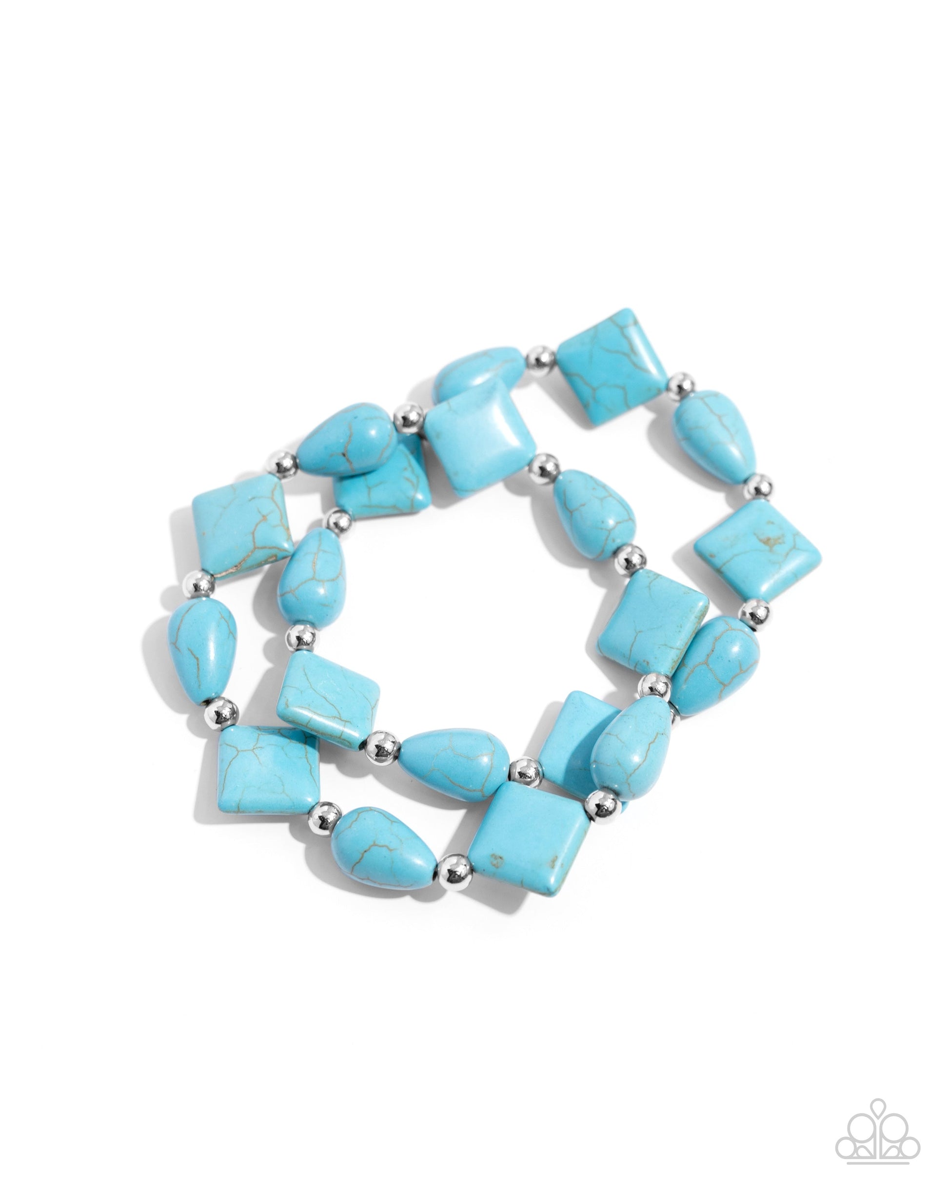 EARTHY Riser - Blue Turquoise Bracelet - Paparazzi Accessories - Infused along elastic stretchy bands, turquoise stones in various shapes and silver beads alternate along the wrist for an earthy centerpiece. Sold as one set of two bracelets.