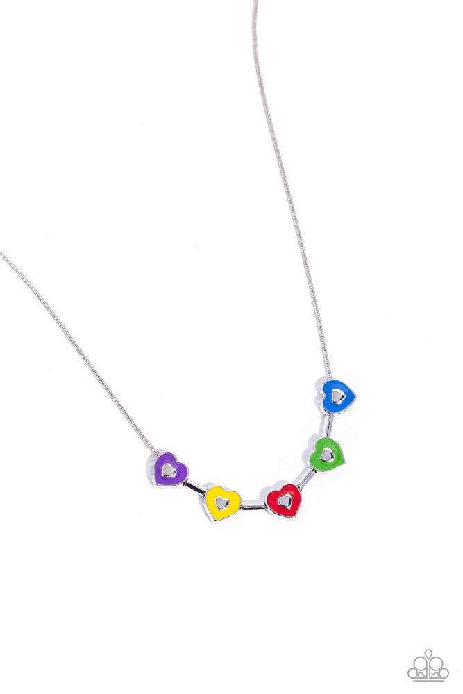 ECLECTIC Heart - Multi Color Necklace - Paparazzi Accessories - Strung along a dainty silver chain, a collection of silver heart frames, and silver bars alternate for a dainty display around the collar. Each heart is painted in a French Blue, Classic Green, red, High Visibility, and purple hue with dainty silver hearts glistening at their centers for a pop of colorful detail.